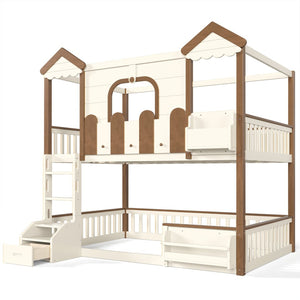 English Elm Full Over Pine Wood Playhouse Bunk Bed with Bookshelf Drawer and Peaked Roof Design Beige & Natural W5305S00103
