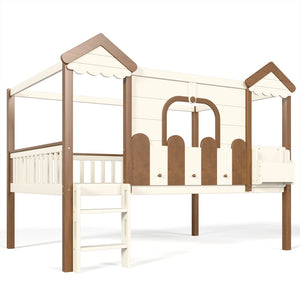 English Elm Full Over Pine Wood Playhouse Bunk Bed with Bookshelf Drawer and Peaked Roof Design Beige & Natural W5305S00103
