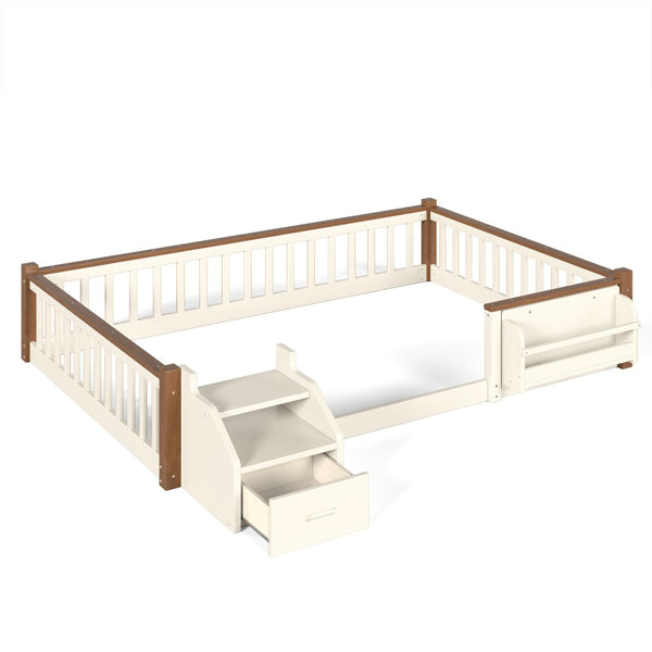English Elm Full Over Pine Wood Playhouse Bunk Bed with Bookshelf Drawer and Peaked Roof Design Beige & Natural W5305S00103