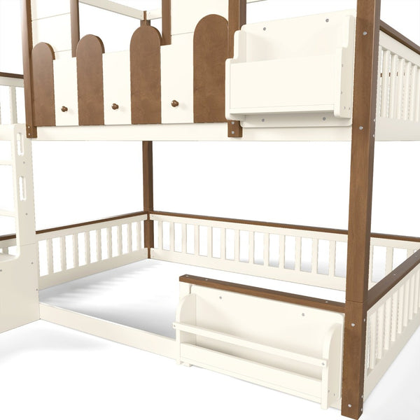English Elm Full Over Pine Wood Playhouse Bunk Bed with Bookshelf Drawer and Peaked Roof Design Beige & Natural W5305S00103