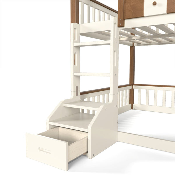 English Elm Full Over Pine Wood Playhouse Bunk Bed with Bookshelf Drawer and Peaked Roof Design Beige & Natural W5305S00103