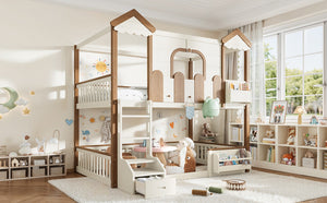 English Elm Full Over Pine Wood Playhouse Bunk Bed with Bookshelf Drawer and Peaked Roof Design Beige & Natural W5305S00103