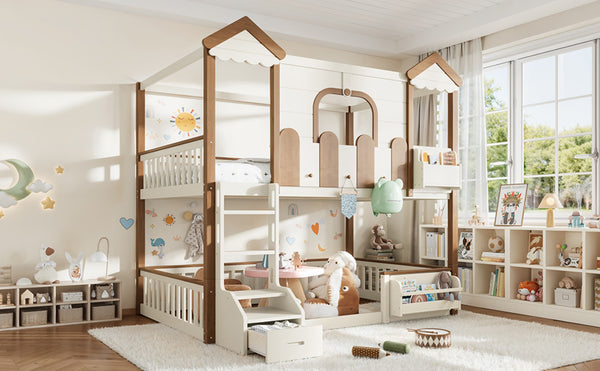 English Elm Full Over Pine Wood Playhouse Bunk Bed with Bookshelf Drawer and Peaked Roof Design Beige & Natural W5305S00103