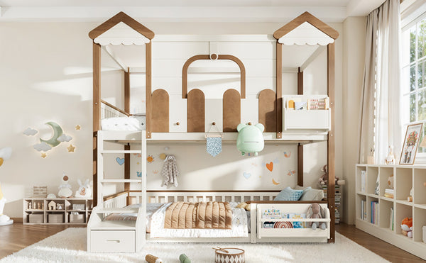 English Elm Full Over Pine Wood Playhouse Bunk Bed with Bookshelf Drawer and Peaked Roof Design Beige & Natural W5305S00103