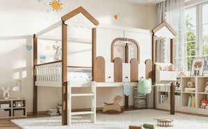 English Elm Full Over Pine Wood Playhouse Bunk Bed with Bookshelf Drawer and Peaked Roof Design Beige & Natural W5305S00103