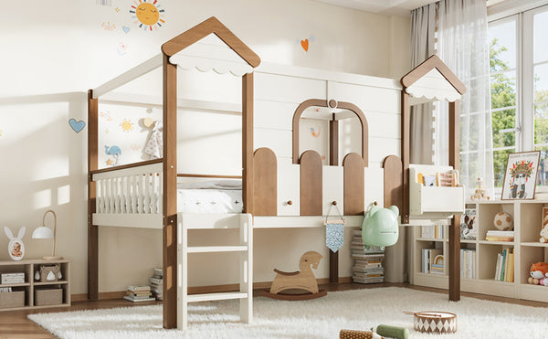 English Elm Full Over Pine Wood Playhouse Bunk Bed with Bookshelf Drawer and Peaked Roof Design Beige & Natural W5305S00103