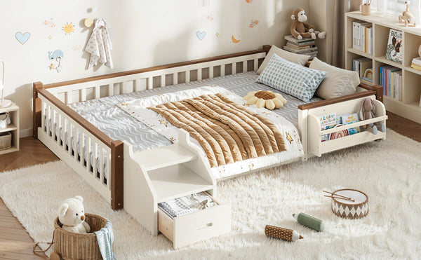 English Elm Full Over Pine Wood Playhouse Bunk Bed with Bookshelf Drawer and Peaked Roof Design Beige & Natural W5305S00103