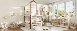 English Elm Full Over Pine Wood Playhouse Bunk Bed with Bookshelf Drawer and Peaked Roof Design Beige & Natural W5305S00103