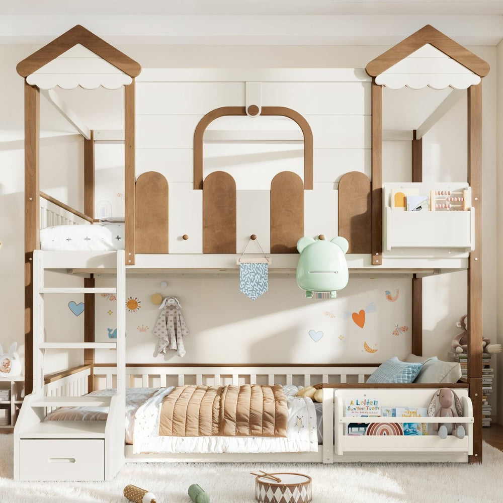 English Elm Full Over Pine Wood Playhouse Bunk Bed with Bookshelf Drawer and Peaked Roof Design Beige & Natural W5305S00103