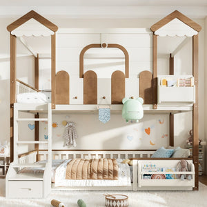English Elm Full Over Pine Wood Playhouse Bunk Bed with Bookshelf Drawer and Peaked Roof Design Beige & Natural W5305S00103