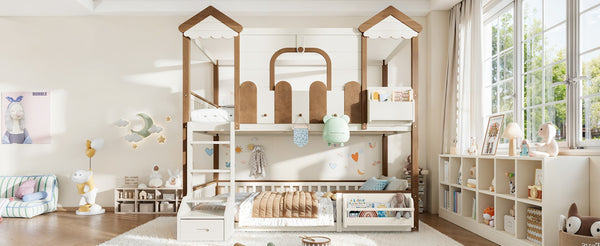 English Elm Full Over Pine Wood Playhouse Bunk Bed with Bookshelf Drawer and Peaked Roof Design Beige & Natural W5305S00103