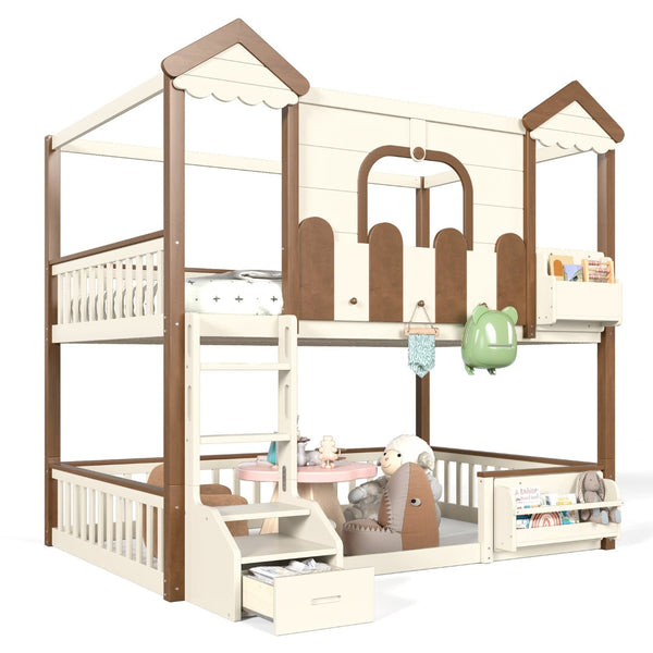 English Elm Full Over Pine Wood Playhouse Bunk Bed with Bookshelf Drawer and Peaked Roof Design Beige & Natural W5305S00103