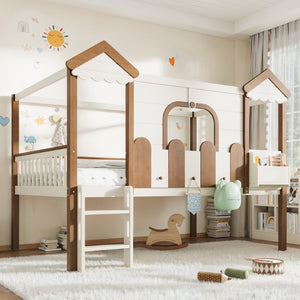 English Elm Full Over Pine Wood Playhouse Bunk Bed with Bookshelf Drawer and Peaked Roof Design Beige & Natural W5305S00103