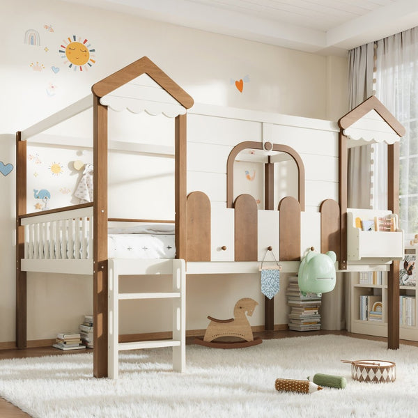 English Elm Full Over Pine Wood Playhouse Bunk Bed with Bookshelf Drawer and Peaked Roof Design Beige & Natural W5305S00103