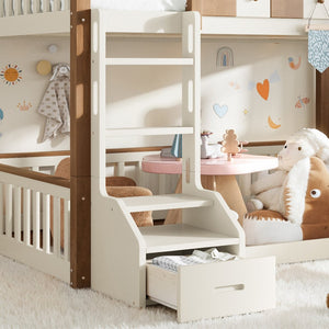 English Elm Full Over Pine Wood Playhouse Bunk Bed with Bookshelf Drawer and Peaked Roof Design Beige & Natural W5305S00103