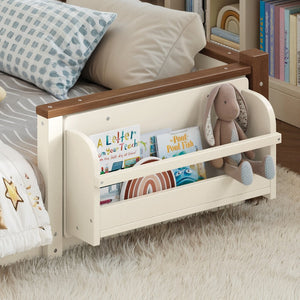 English Elm Full Over Pine Wood Playhouse Bunk Bed with Bookshelf Drawer and Peaked Roof Design Beige & Natural W5305S00103