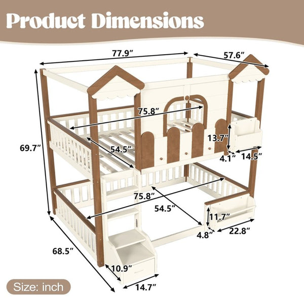 English Elm Full Over Pine Wood Playhouse Bunk Bed with Bookshelf Drawer and Peaked Roof Design Beige & Natural W5305S00103