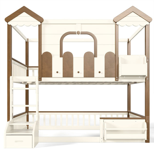 English Elm Full Over Pine Wood Playhouse Bunk Bed with Bookshelf Drawer and Peaked Roof Design Beige & Natural W5305S00103