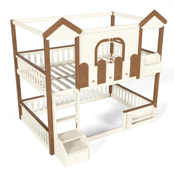 English Elm Full Over Pine Wood Playhouse Bunk Bed with Bookshelf Drawer and Peaked Roof Design Beige & Natural W5305S00103