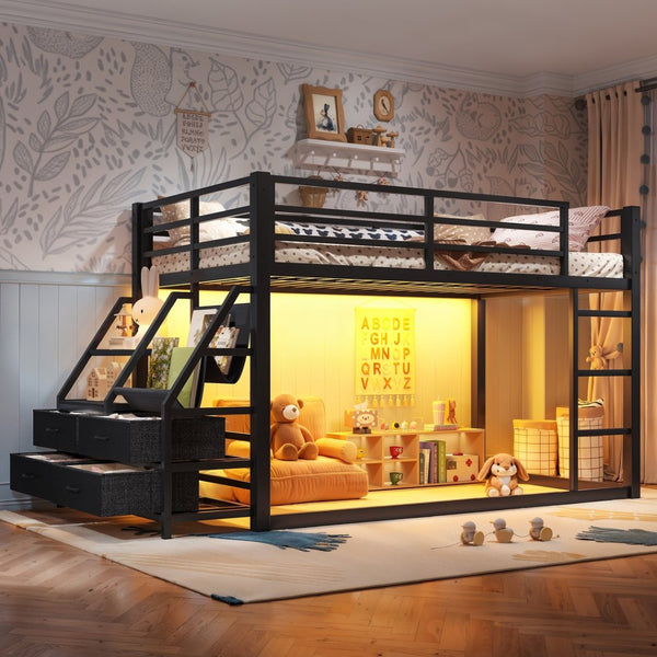 English Elm Twin Over Steel Bunk Bed with Led Lighting Built-in Storage Shelves and Drawers for Teens Black W5305S00106