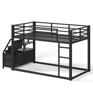 English Elm Twin Over Steel Bunk Bed with Led Lighting Built-in Storage Shelves and Drawers for Teens Black W5305S00106