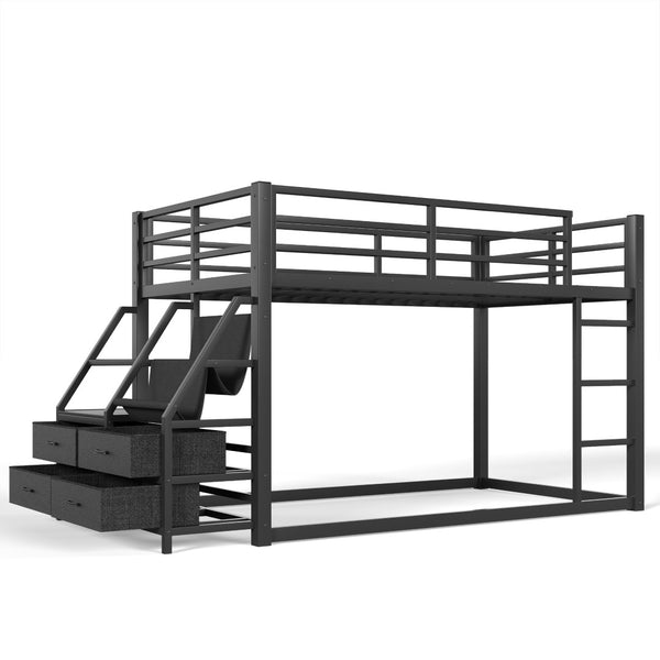 English Elm Twin Over Steel Bunk Bed with Led Lighting Built-in Storage Shelves and Drawers for Teens Black W5305S00106
