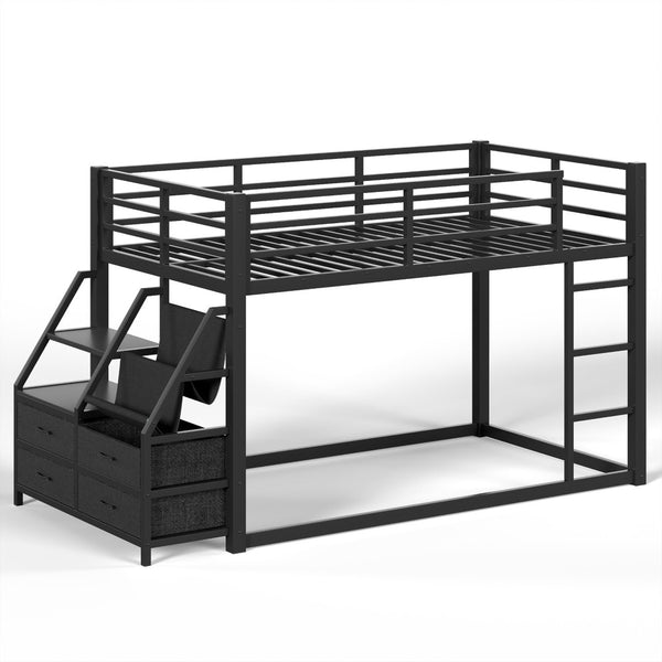 English Elm Twin Over Steel Bunk Bed with Led Lighting Built-in Storage Shelves and Drawers for Teens Black W5305S00106