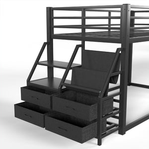 English Elm Twin Over Steel Bunk Bed with Led Lighting Built-in Storage Shelves and Drawers for Teens Black W5305S00106