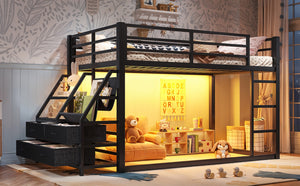 English Elm Twin Over Steel Bunk Bed with Led Lighting Built-in Storage Shelves and Drawers for Teens Black W5305S00106