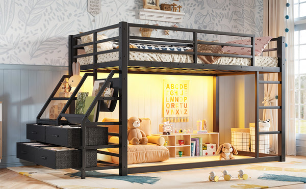 English Elm Twin Over Steel Bunk Bed with Led Lighting Built-in Storage Shelves and Drawers for Teens Black W5305S00106