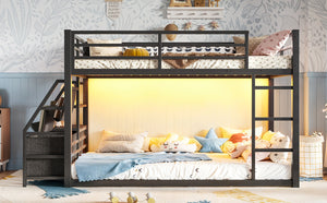 English Elm Twin Over Steel Bunk Bed with Led Lighting Built-in Storage Shelves and Drawers for Teens Black W5305S00106