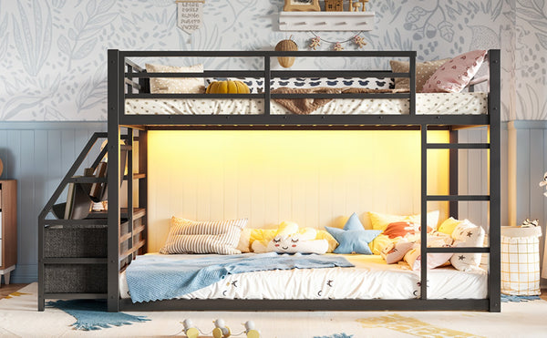 English Elm Twin Over Steel Bunk Bed with Led Lighting Built-in Storage Shelves and Drawers for Teens Black W5305S00106