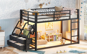 English Elm Twin Over Steel Bunk Bed with Led Lighting Built-in Storage Shelves and Drawers for Teens Black W5305S00106