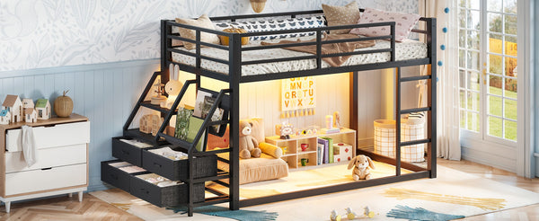English Elm Twin Over Steel Bunk Bed with Led Lighting Built-in Storage Shelves and Drawers for Teens Black W5305S00106