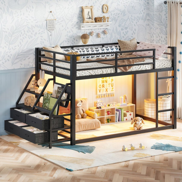 English Elm Twin Over Steel Bunk Bed with Led Lighting Built-in Storage Shelves and Drawers for Teens Black W5305S00106