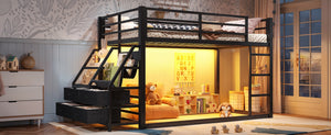 English Elm Twin Over Steel Bunk Bed with Led Lighting Built-in Storage Shelves and Drawers for Teens Black W5305S00106