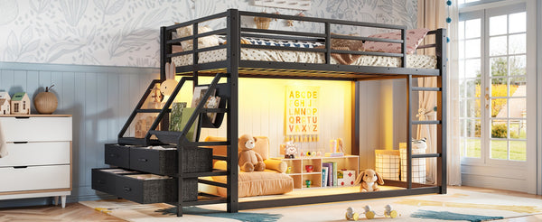 English Elm Twin Over Steel Bunk Bed with Led Lighting Built-in Storage Shelves and Drawers for Teens Black W5305S00106