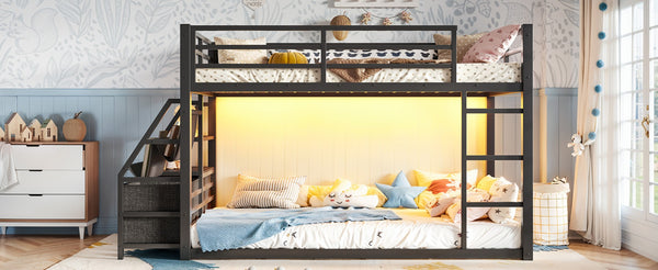 English Elm Twin Over Steel Bunk Bed with Led Lighting Built-in Storage Shelves and Drawers for Teens Black W5305S00106