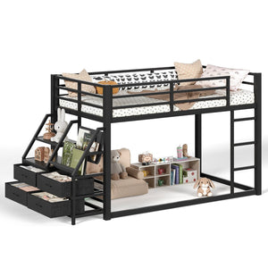 English Elm Twin Over Steel Bunk Bed with Led Lighting Built-in Storage Shelves and Drawers for Teens Black W5305S00106