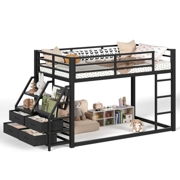 English Elm Twin Over Steel Bunk Bed with Led Lighting Built-in Storage Shelves and Drawers for Teens Black W5305S00106