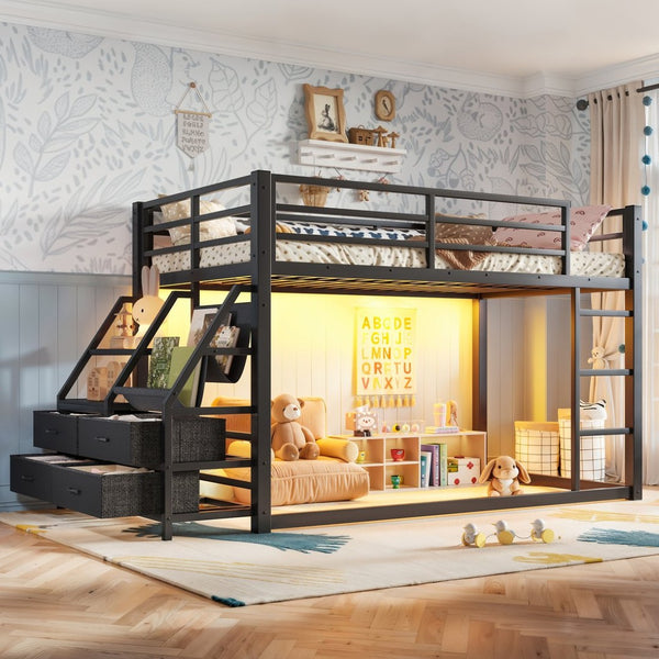 English Elm Twin Over Steel Bunk Bed with Led Lighting Built-in Storage Shelves and Drawers for Teens Black W5305S00106