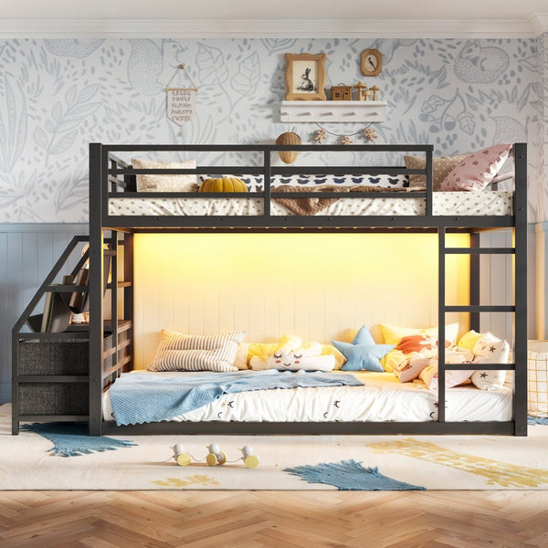 English Elm Twin Over Steel Bunk Bed with Led Lighting Built-in Storage Shelves and Drawers for Teens Black W5305S00106