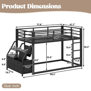 English Elm Twin Over Steel Bunk Bed with Led Lighting Built-in Storage Shelves and Drawers for Teens Black W5305S00106