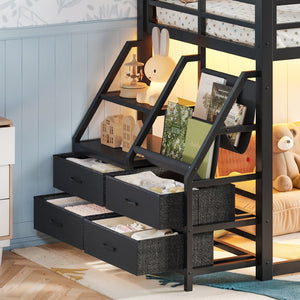 English Elm Twin Over Steel Bunk Bed with Led Lighting Built-in Storage Shelves and Drawers for Teens Black W5305S00106