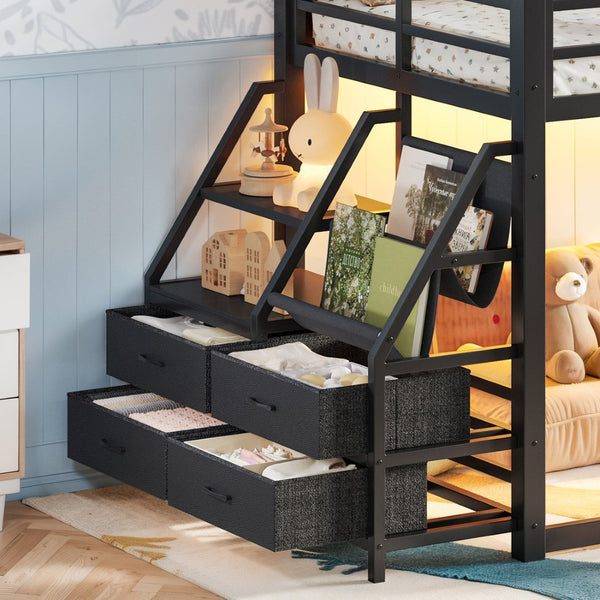 English Elm Twin Over Steel Bunk Bed with Led Lighting Built-in Storage Shelves and Drawers for Teens Black W5305S00106