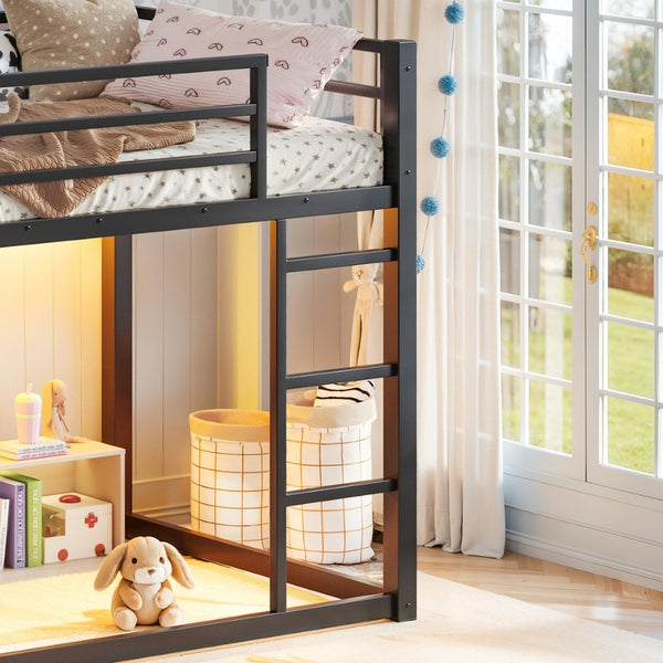 English Elm Twin Over Steel Bunk Bed with Led Lighting Built-in Storage Shelves and Drawers for Teens Black W5305S00106