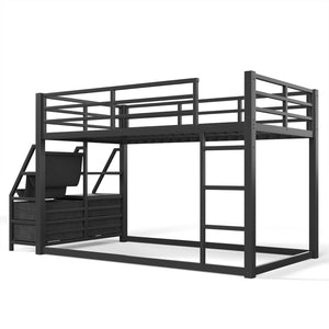 English Elm Twin Over Steel Bunk Bed with Led Lighting Built-in Storage Shelves and Drawers for Teens Black W5305S00106