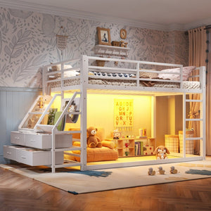 English Elm Twin Over Steel Bunk Bed with Led Lighting Built-in Storage Shelves and Drawers for Teens Antique White W5305S00107