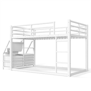 English Elm Twin Over Steel Bunk Bed with Led Lighting Built-in Storage Shelves and Drawers for Teens Antique White W5305S00107