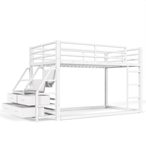 English Elm Twin Over Steel Bunk Bed with Led Lighting Built-in Storage Shelves and Drawers for Teens Antique White W5305S00107